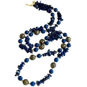 VTG Blue lazuli Lapis Necklace natural beads Regal Single Strand Filigree 30"
